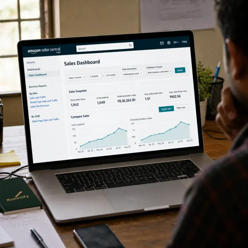 A laptop showing the Amazon Seller Central Sales Dashboard in India, with Sales Snapshot, order items, units and rupee sales plus a rising Compare Sales chart, the account Komrcify manages day to day.