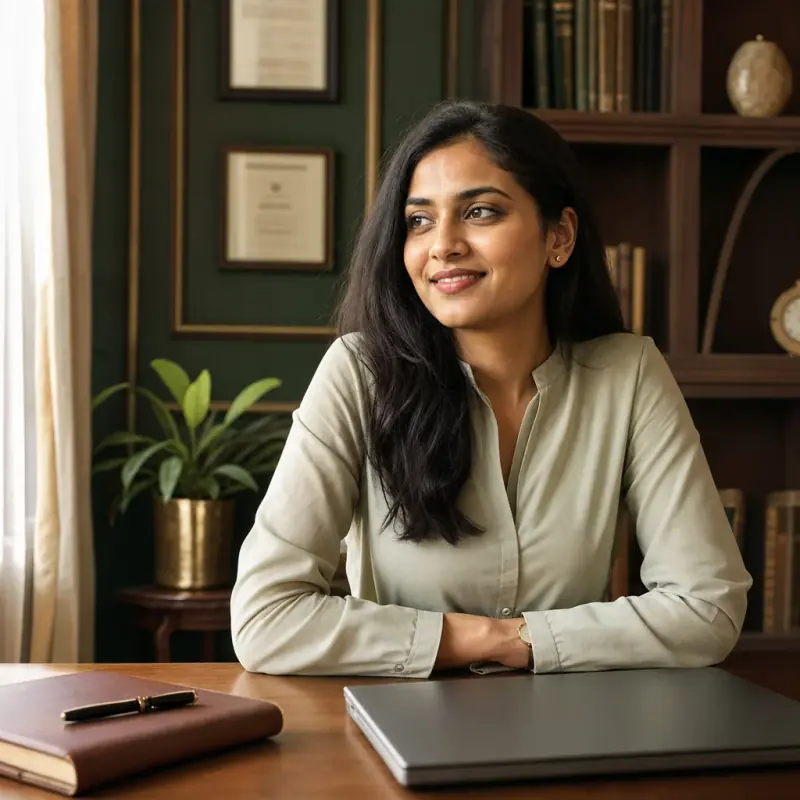 A calm, confident Komrcify advisor at a clean desk with a closed laptop and notebook, ready to help small Indian Amazon sellers.