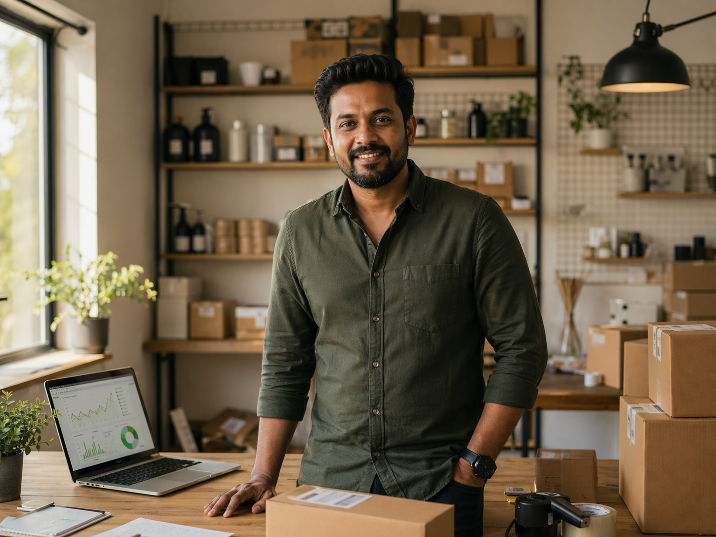Indian ecommerce founder reviewing packaged orders and account performance