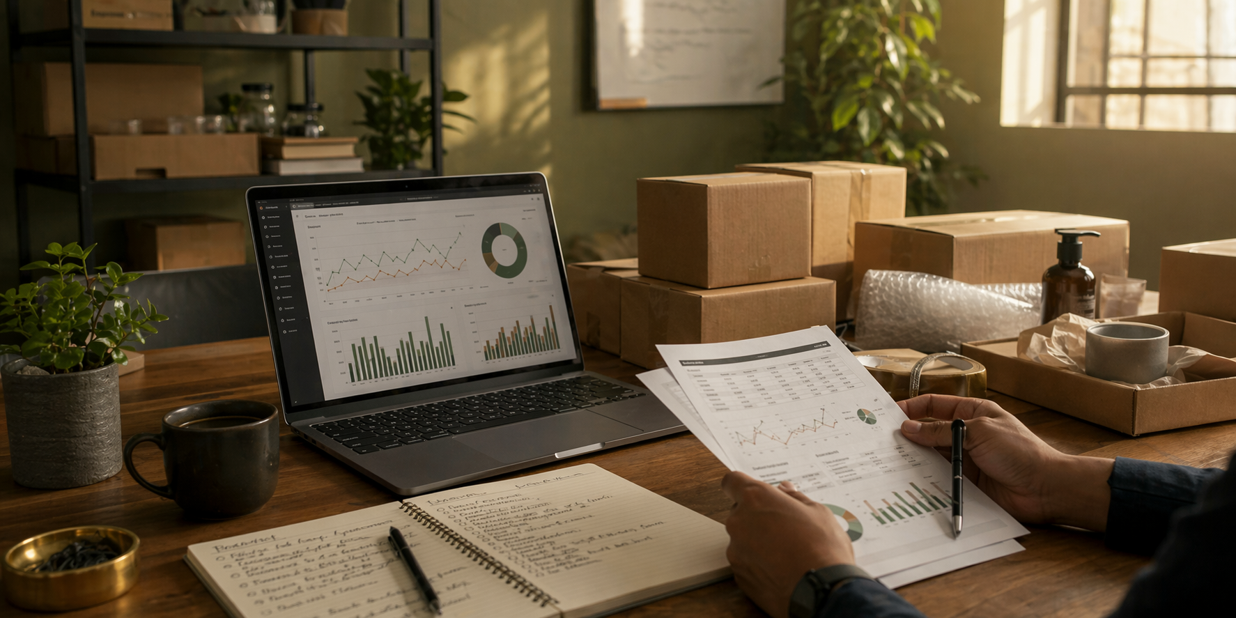 Weekly Amazon account review desk with reports, parcels, and performance dashboard